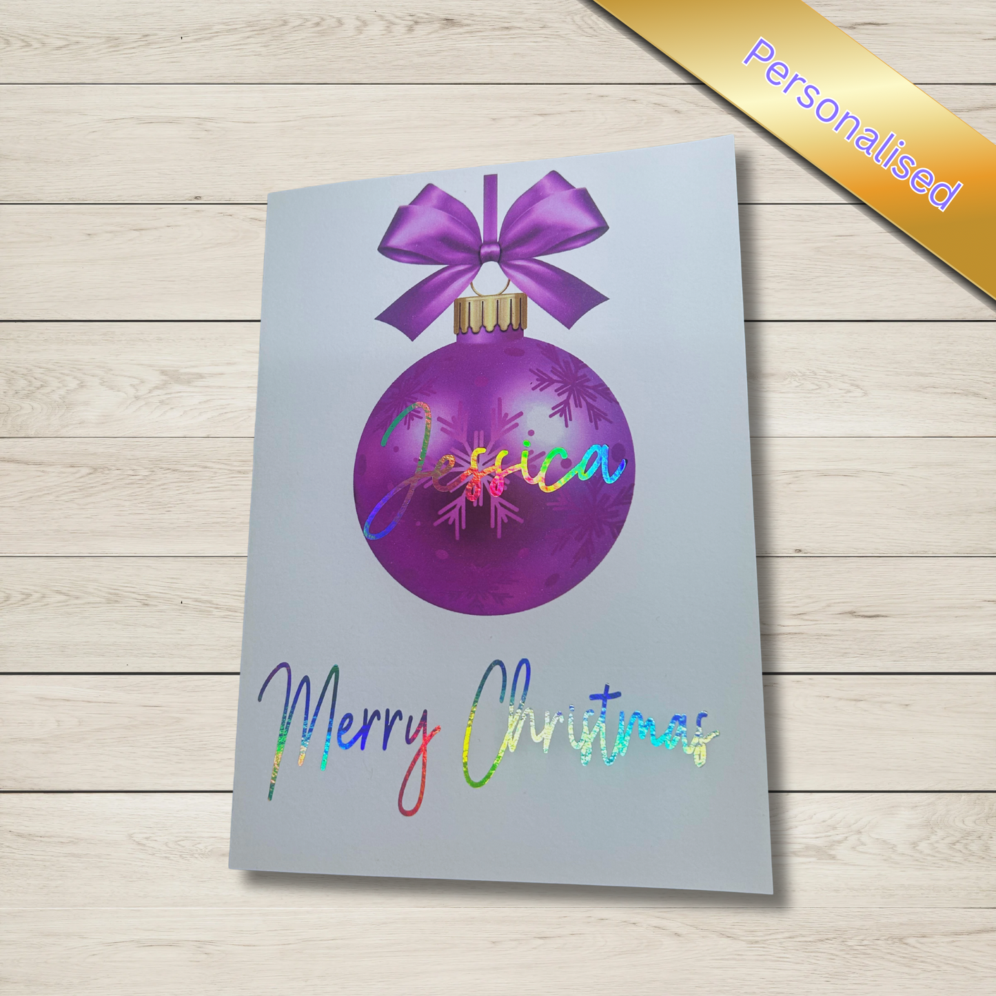 Personalised bauble Christmas Card — Silver holographic 5x7