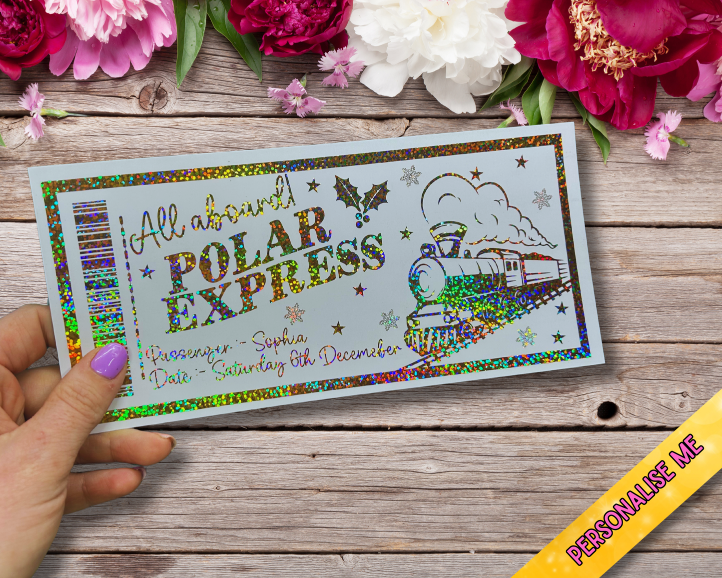Personalised Polar Express Gift Ticket | Foiled Christmas Ticket | Gold Red or Rainbow Glitter Foil | 20x9cm Kids Keepsake