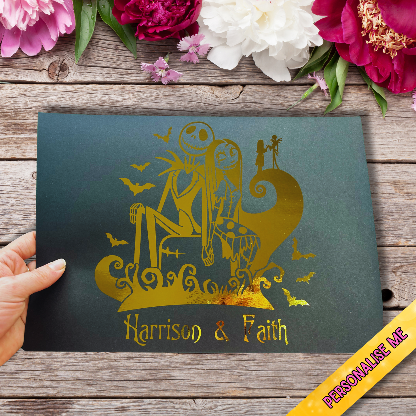 Personalised Jack Skellington Foiled Print – A4 Gold or Silver Foil | Gothic Halloween Wall Art & Custom Couple Gift