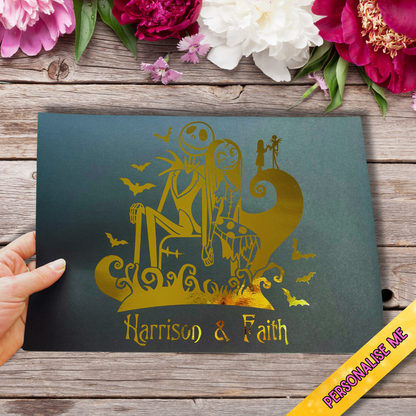Personalised Jack Skellington Foiled Print – A4 Gold or Silver Foil | Gothic Halloween Wall Art & Custom Couple Gift