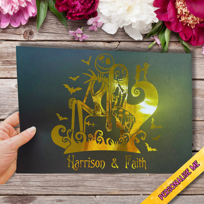 Personalised Jack Skellington Foiled Print – A4 Gold or Silver Foil | Gothic Halloween Wall Art & Custom Couple Gift