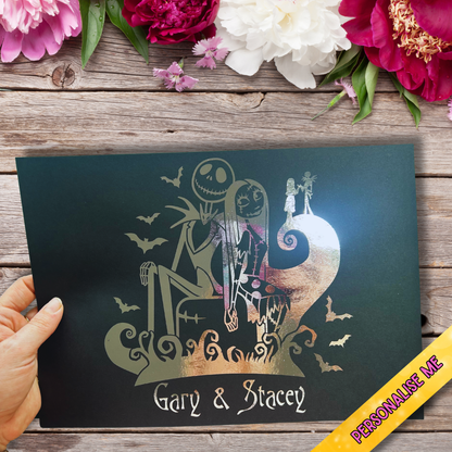 Personalised Jack Skellington Foiled Print – A4 Gold or Silver Foil | Gothic Halloween Wall Art & Custom Couple Gift
