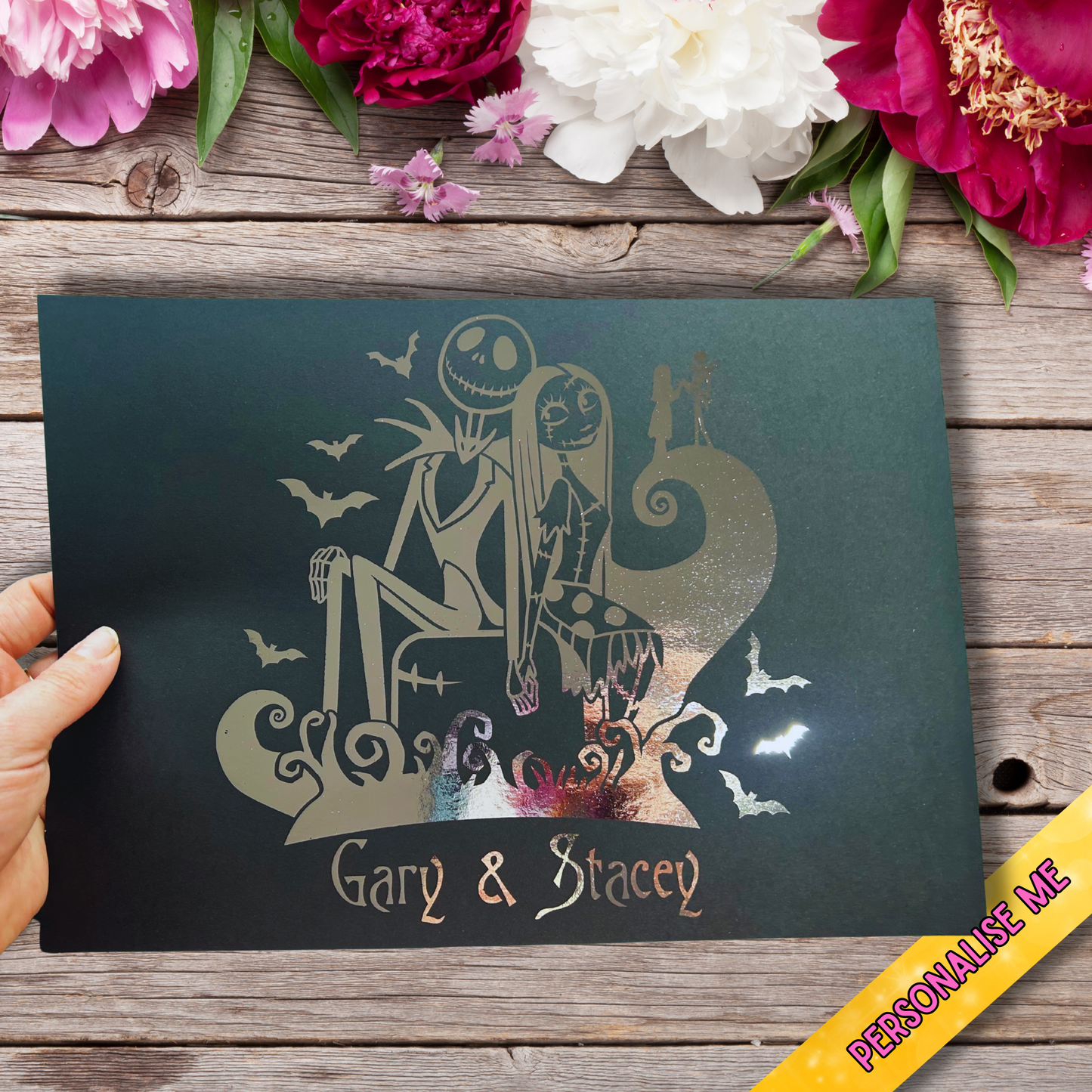 Personalised Jack Skellington Foiled Print – A4 Gold or Silver Foil | Gothic Halloween Wall Art & Custom Couple Gift