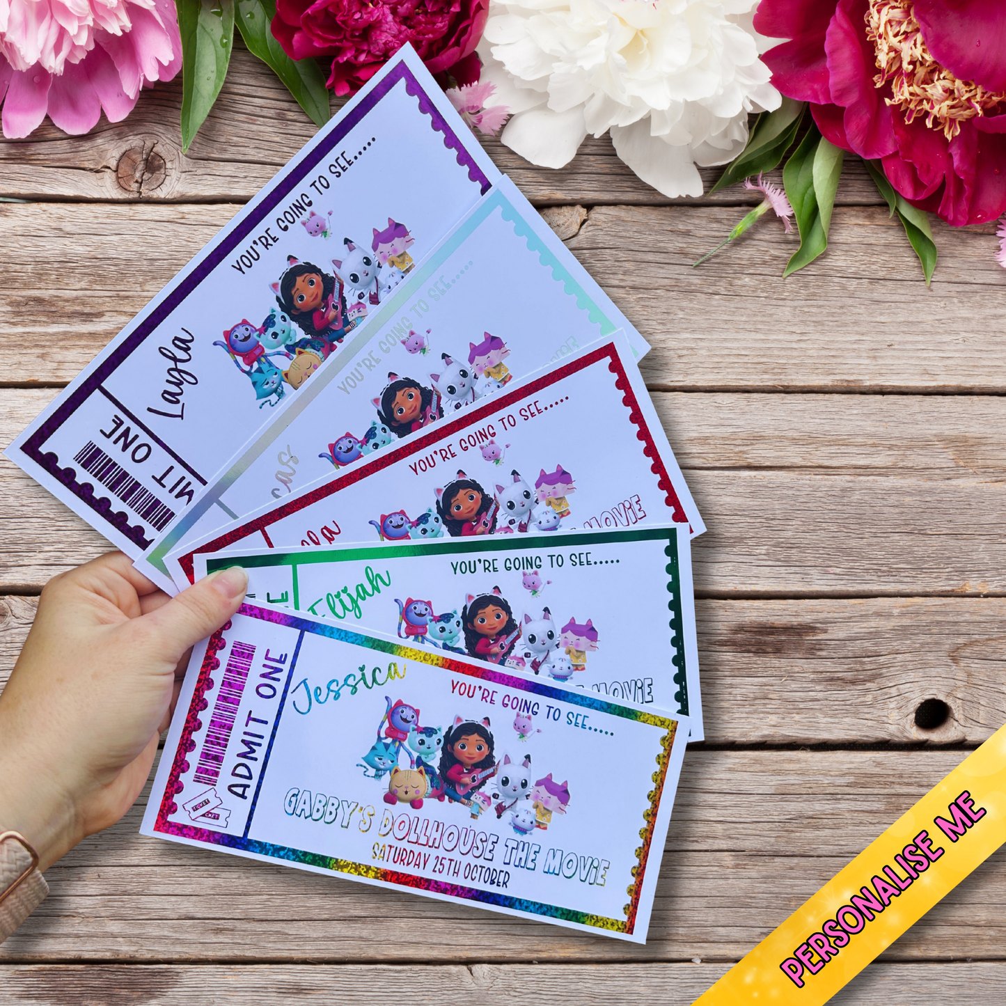 Personalised Gabby’s Dollhouse Movie Ticket | Foil Gift Voucher | Custom Kids Surprise Gift | Glitter Pink Foil Keepsake