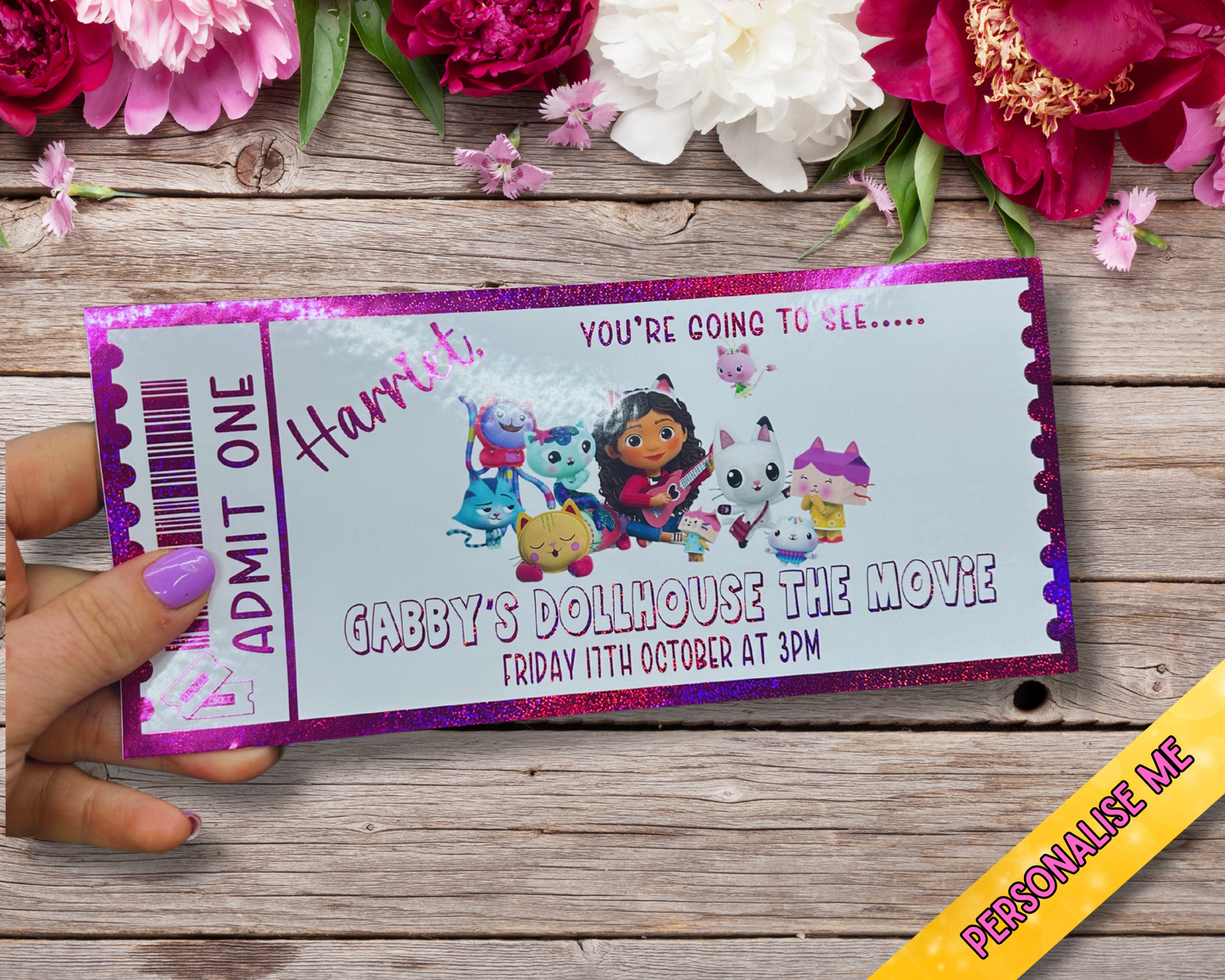 Personalised Gabby’s Dollhouse Movie Ticket | Foil Gift Voucher | Custom Kids Surprise Gift | Glitter Pink Foil Keepsake