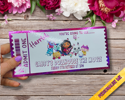 Personalised Gabby’s Dollhouse Movie Ticket | Foil Gift Voucher | Custom Kids Surprise Gift | Glitter Pink Foil Keepsake