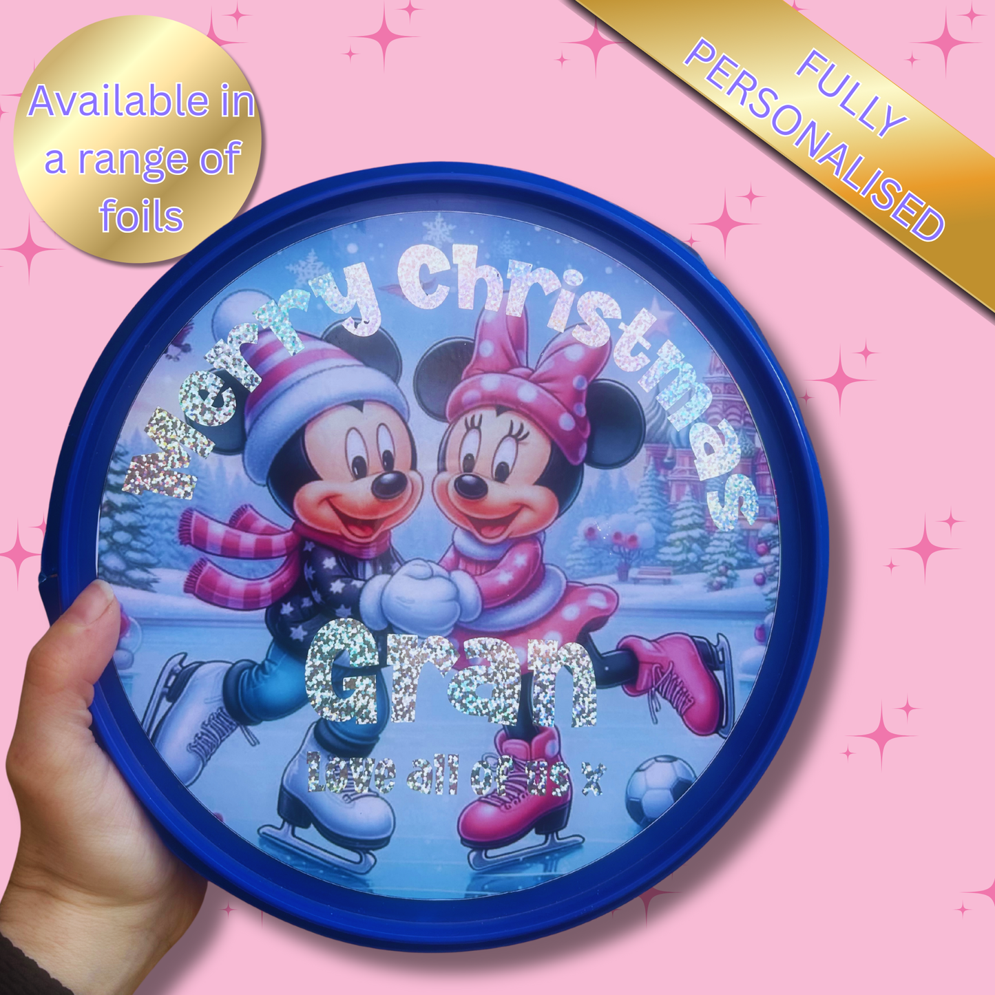 Personalised Sweet Tub Sticker | Approx. 20cm Glossy Label | Foiled Name | Famous Mouse Design | Fits Standard Chocolate & Sweet Tubs