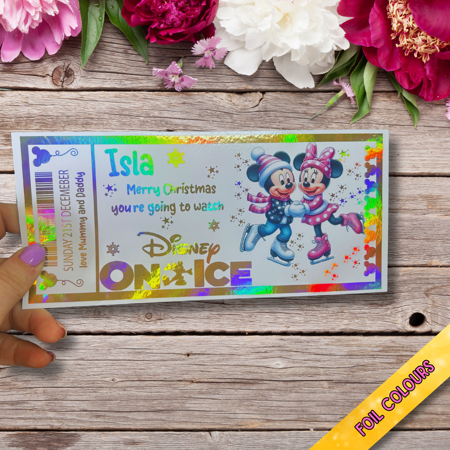 Disney on Ice Foiled Gift Ticket | 20x9cm Custom Keepsake Ticket | Gold Foil Voucher | Magical Gift Experience | Disney Fan Gift Idea