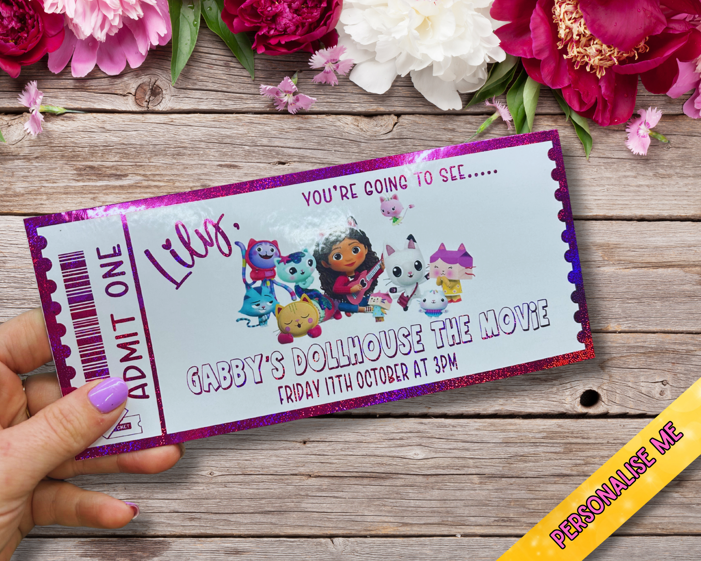 Personalised Gabby’s Dollhouse Movie Ticket | Foil Gift Voucher | Custom Kids Surprise Gift | Glitter Pink Foil Keepsake