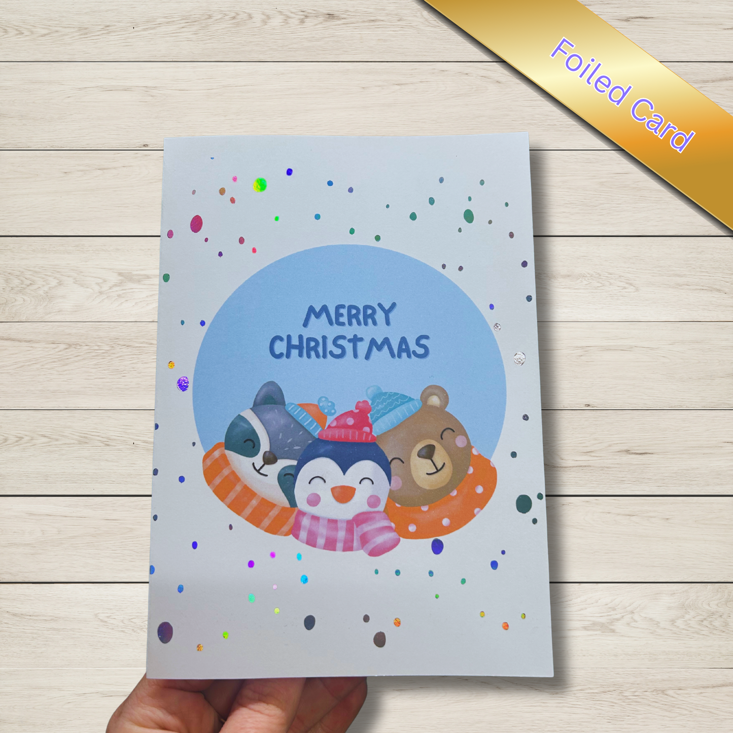 Cute Animal Snowglobe Christmas Card — Silver Holographic Foil (5x7")
