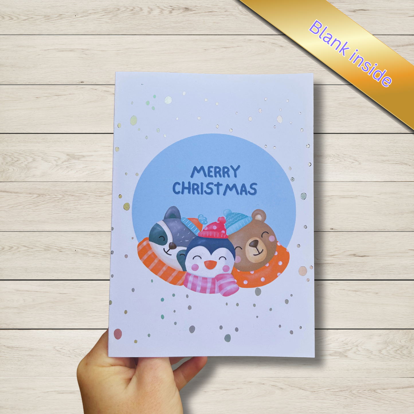 Cute Animal Snowglobe Christmas Card — Silver Holographic Foil (5x7")