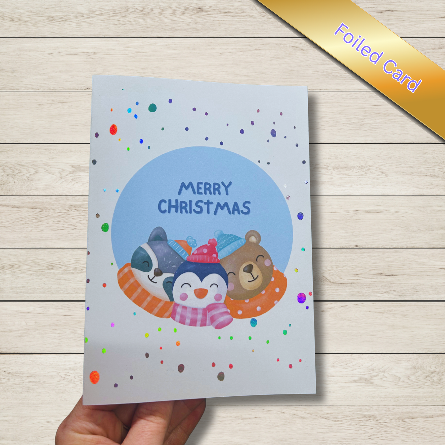 Cute Animal Snowglobe Christmas Card — Silver Holographic Foil (5x7")