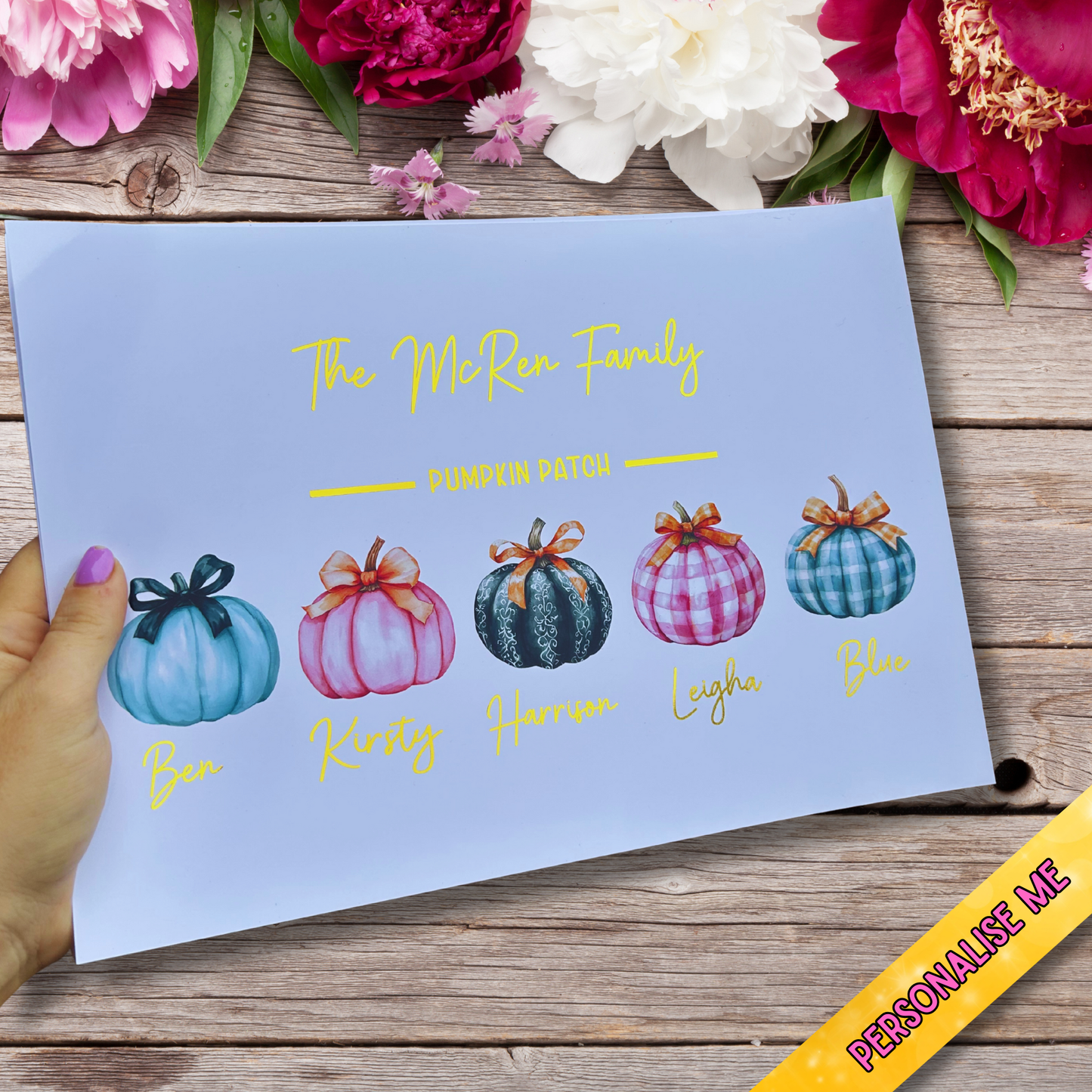 Personalised Pumpkin Family Print – A4 Gold Foil Autumn Wall Art | Custom Family Names Home Décor