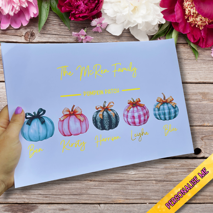 Personalised Pumpkin Family Print – A4 Gold Foil Autumn Wall Art | Custom Family Names Home Décor