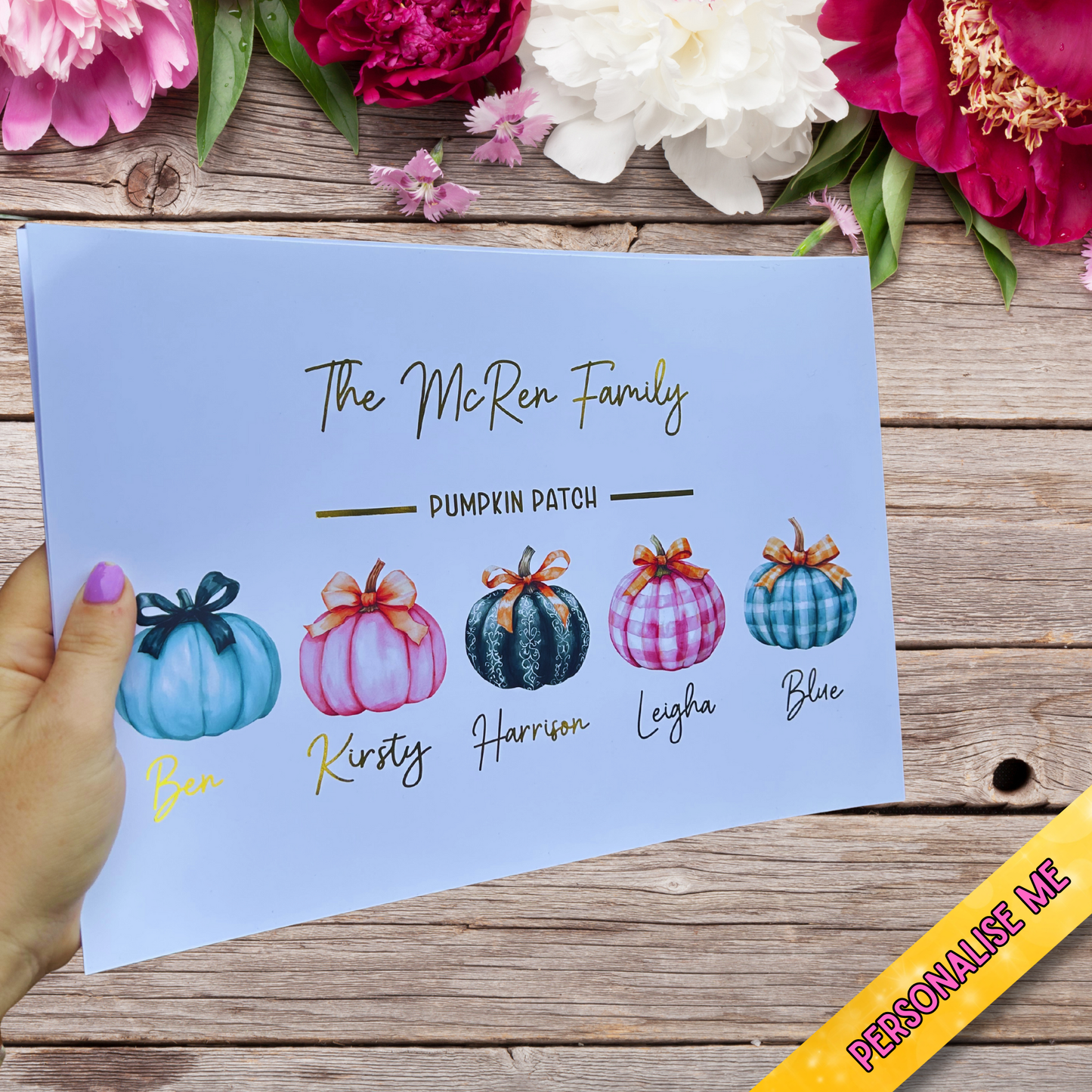 Personalised Pumpkin Family Print – A4 Gold Foil Autumn Wall Art | Custom Family Names Home Décor