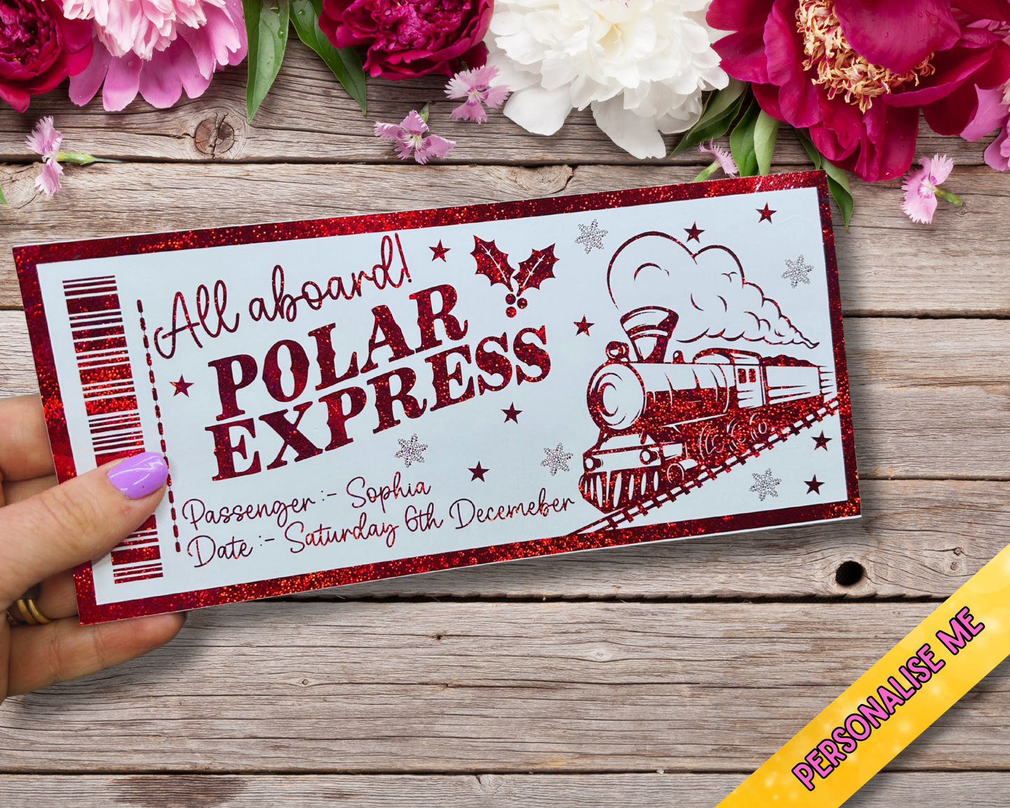 Personalised Polar Express Gift Ticket | Foiled Christmas Ticket | Gold Red or Rainbow Glitter Foil | 20x9cm Kids Keepsake