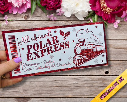 Personalised Polar Express Gift Ticket | Foiled Christmas Ticket | Gold Red or Rainbow Glitter Foil | 20x9cm Kids Keepsake