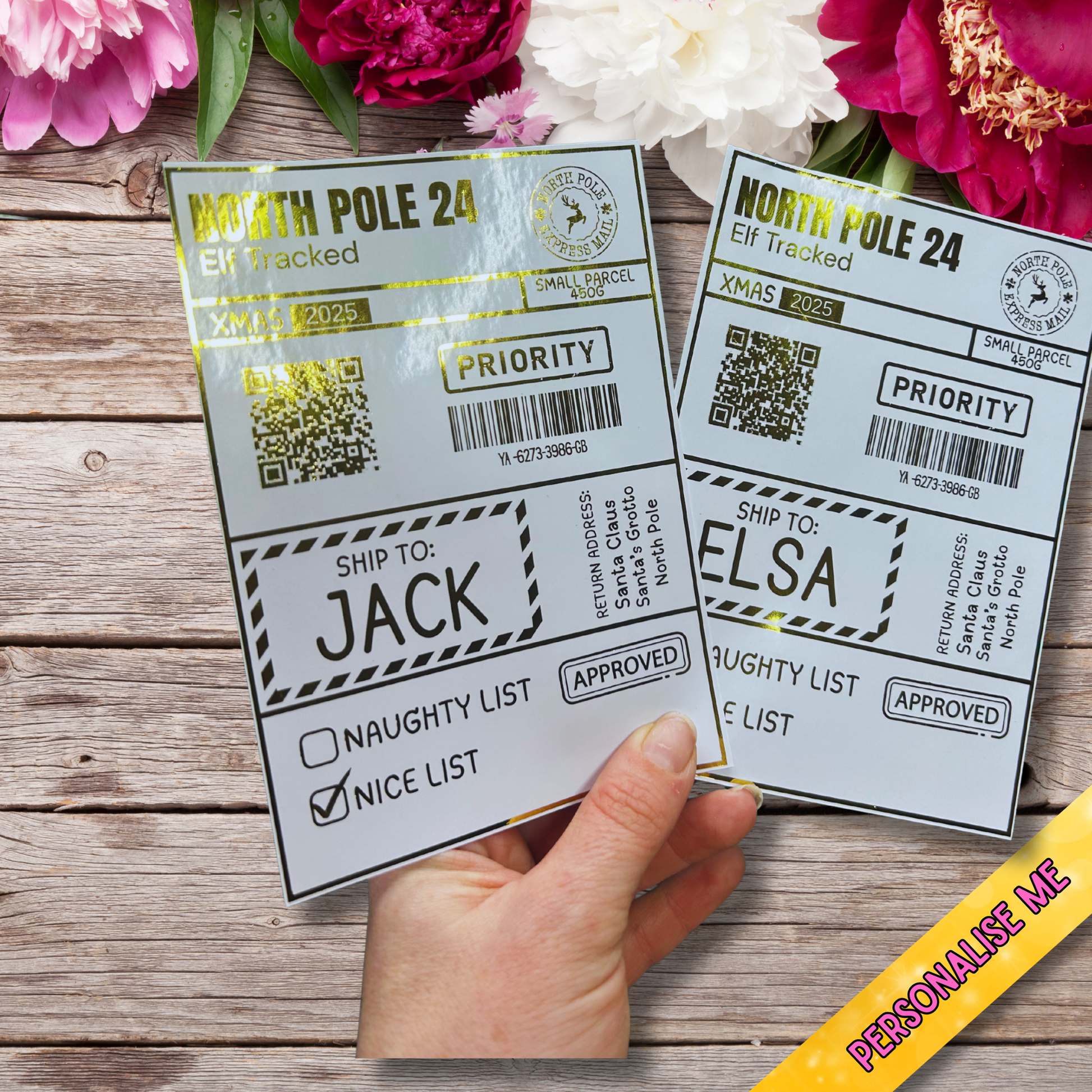 Christmas delivery label sticker reading Special Delivery from Santa Claus