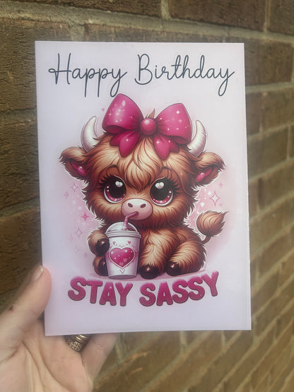 Stay Sassy Highland Cow Happy Birthday Card 5x7