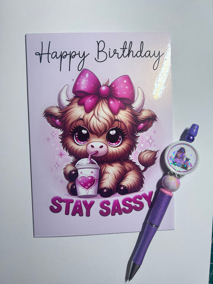 Stay Sassy Highland Cow Happy Birthday Card 5x7