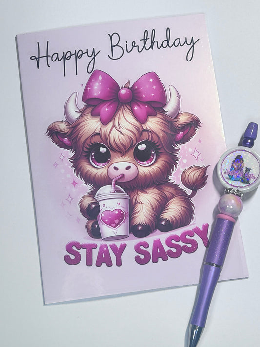 Stay Sassy Highland Cow Happy Birthday Card 5x7