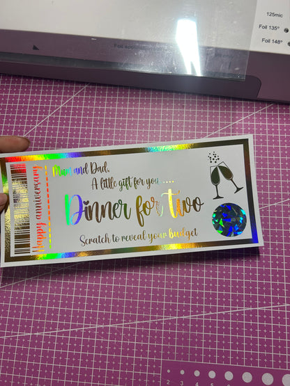 Dinner for two foiled ticket reveal