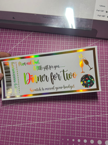 Dinner for two foiled ticket reveal