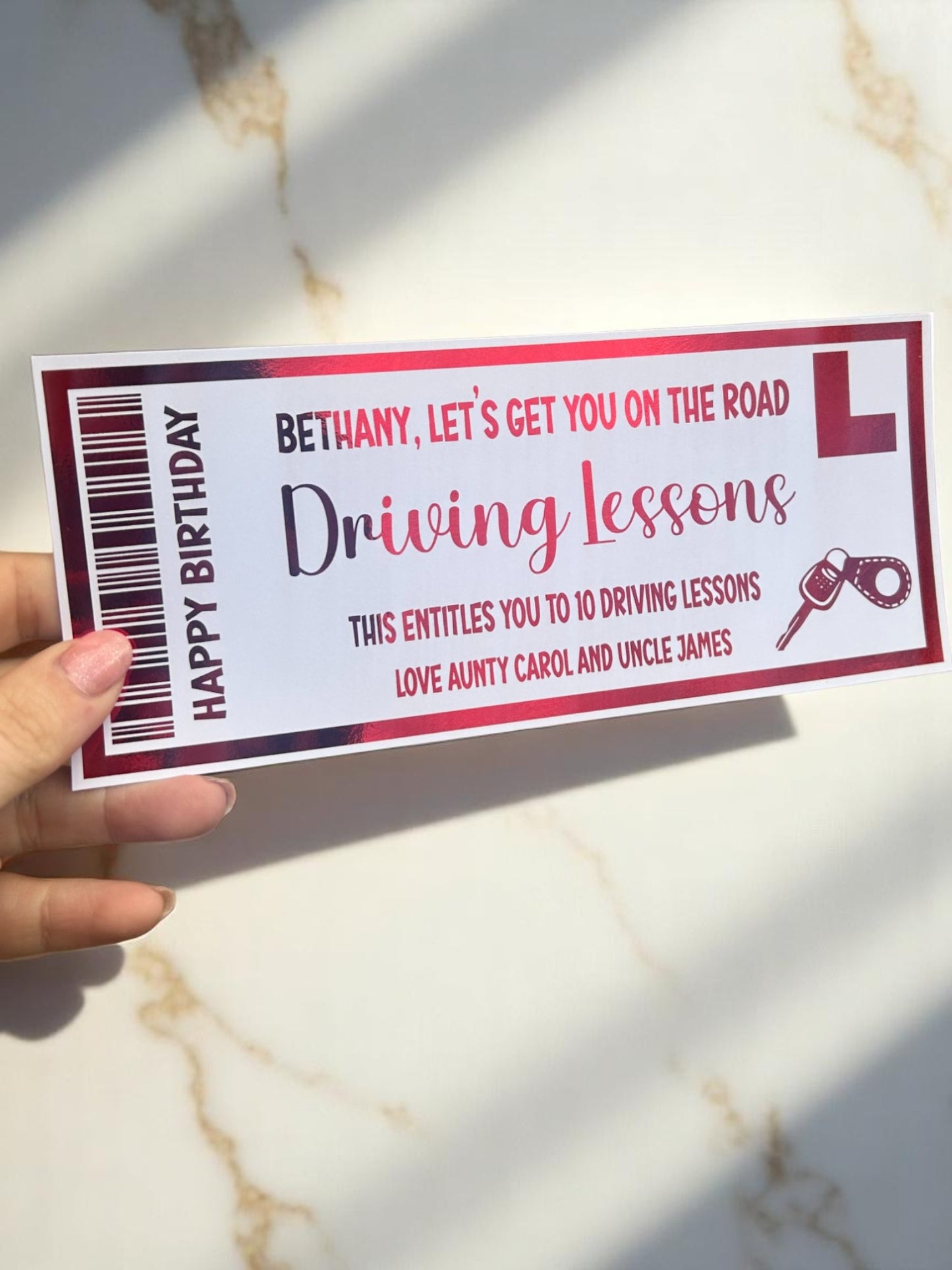 Driving lessons foiled ticket gift
