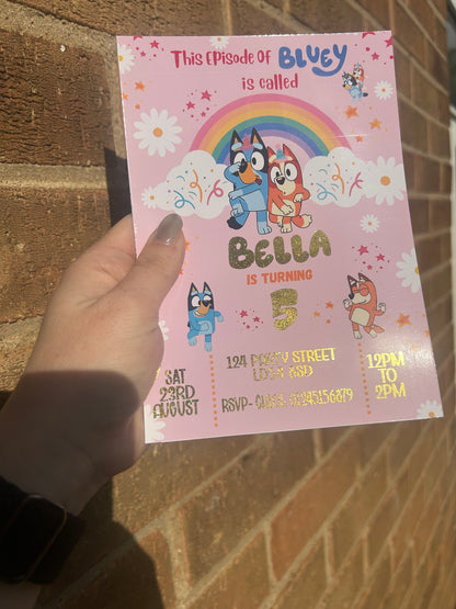 A5 Pink Bluey birthday invites