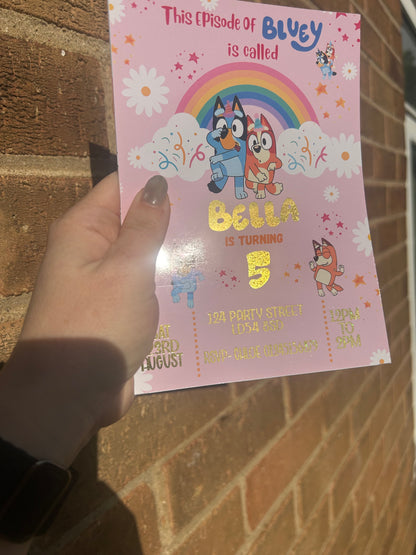 A5 Pink Bluey birthday invites