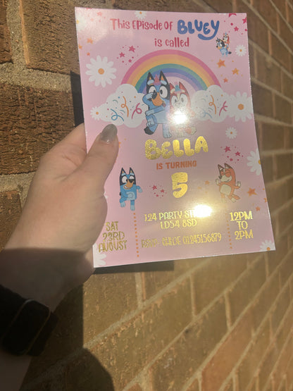 A5 Pink Bluey birthday invites