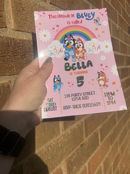A5 Pink Bluey birthday invites