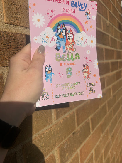 A5 Pink Bluey birthday invites
