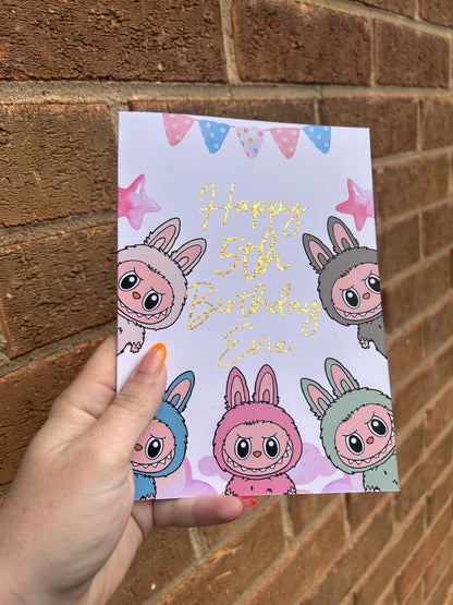 Labubu Birthday Card 5x7 – Glitter Gold Foil Finish | Cute Designer Greeting Card | Handmade Kawaii Art Toy Birthday Card