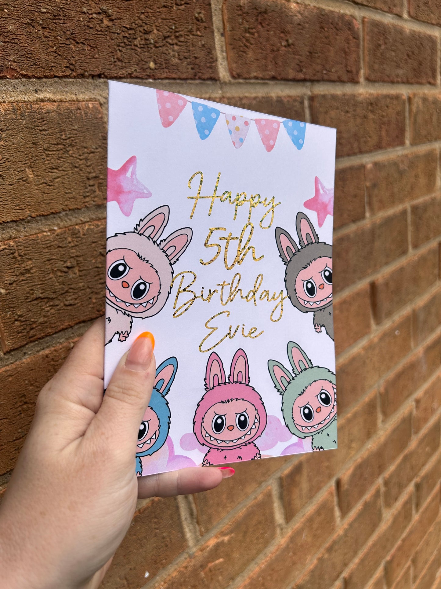 Labubu Birthday Card 5x7 – Glitter Gold Foil Finish | Cute Designer Greeting Card | Handmade Kawaii Art Toy Birthday Card