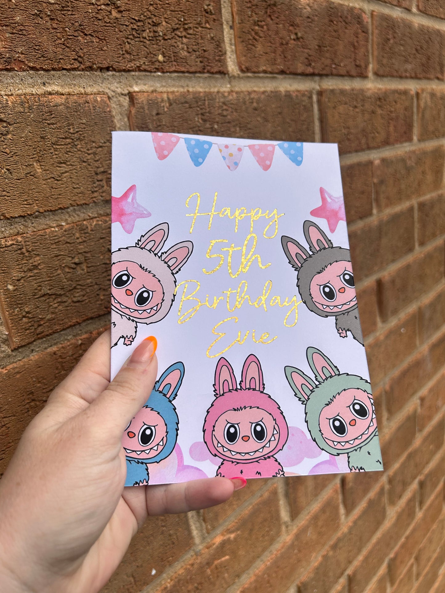 Labubu Birthday Card 5x7 – Glitter Gold Foil Finish | Cute Designer Greeting Card | Handmade Kawaii Art Toy Birthday Card