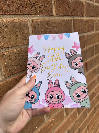 Labubu Birthday Card 5x7 – Glitter Gold Foil Finish | Cute Designer Greeting Card | Handmade Kawaii Art Toy Birthday Card