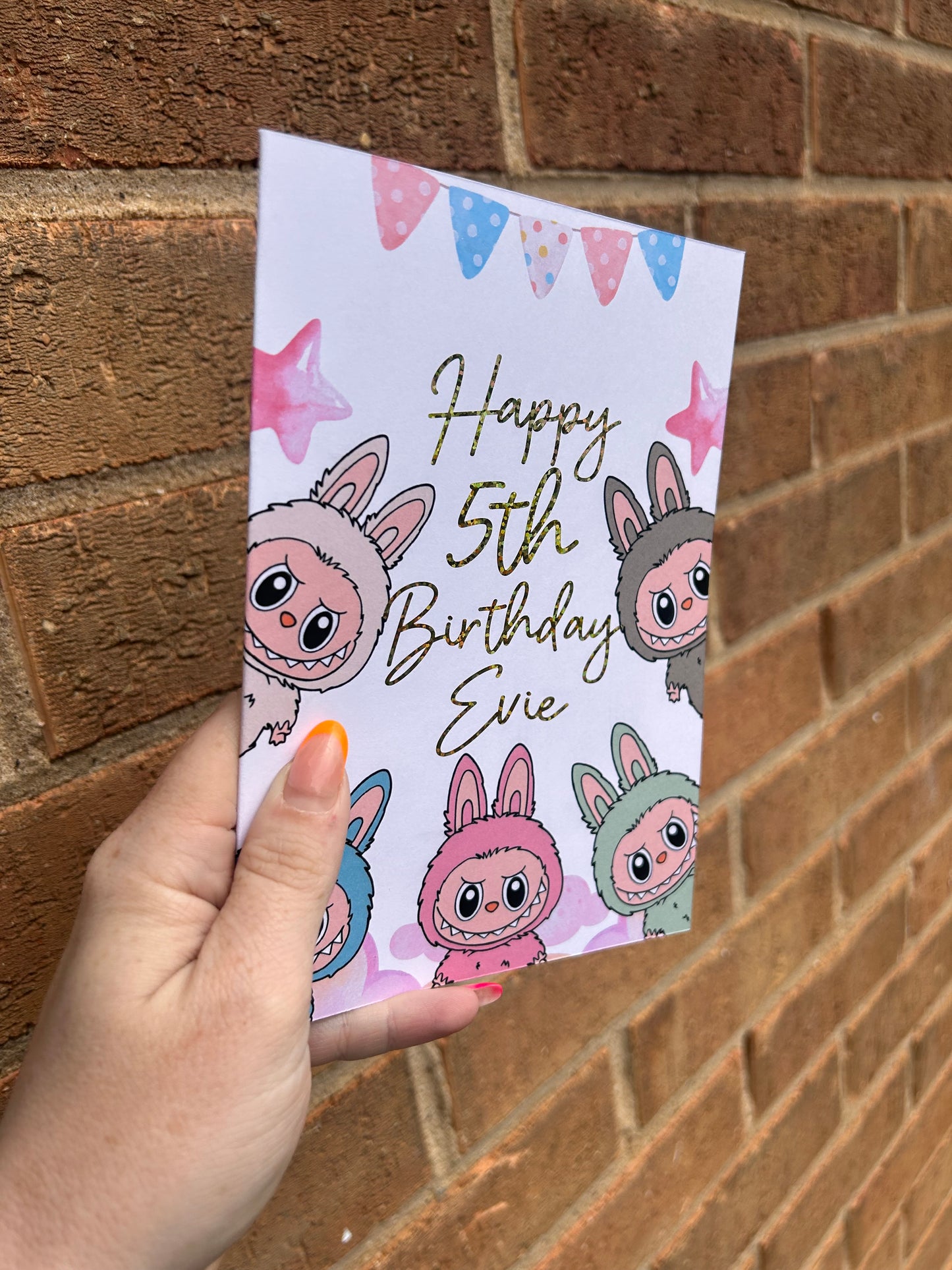 Labubu Birthday Card 5x7 – Glitter Gold Foil Finish | Cute Designer Greeting Card | Handmade Kawaii Art Toy Birthday Card