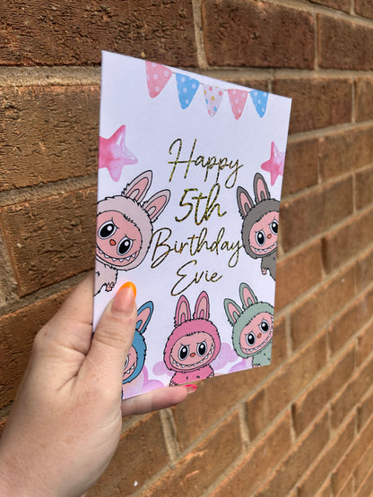 Labubu Birthday Card 5x7 – Glitter Gold Foil Finish | Cute Designer Greeting Card | Handmade Kawaii Art Toy Birthday Card