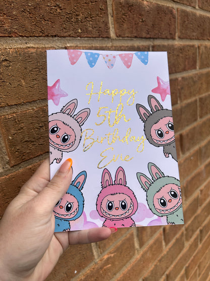 Labubu Birthday Card 5x7 – Glitter Gold Foil Finish | Cute Designer Greeting Card | Handmade Kawaii Art Toy Birthday Card