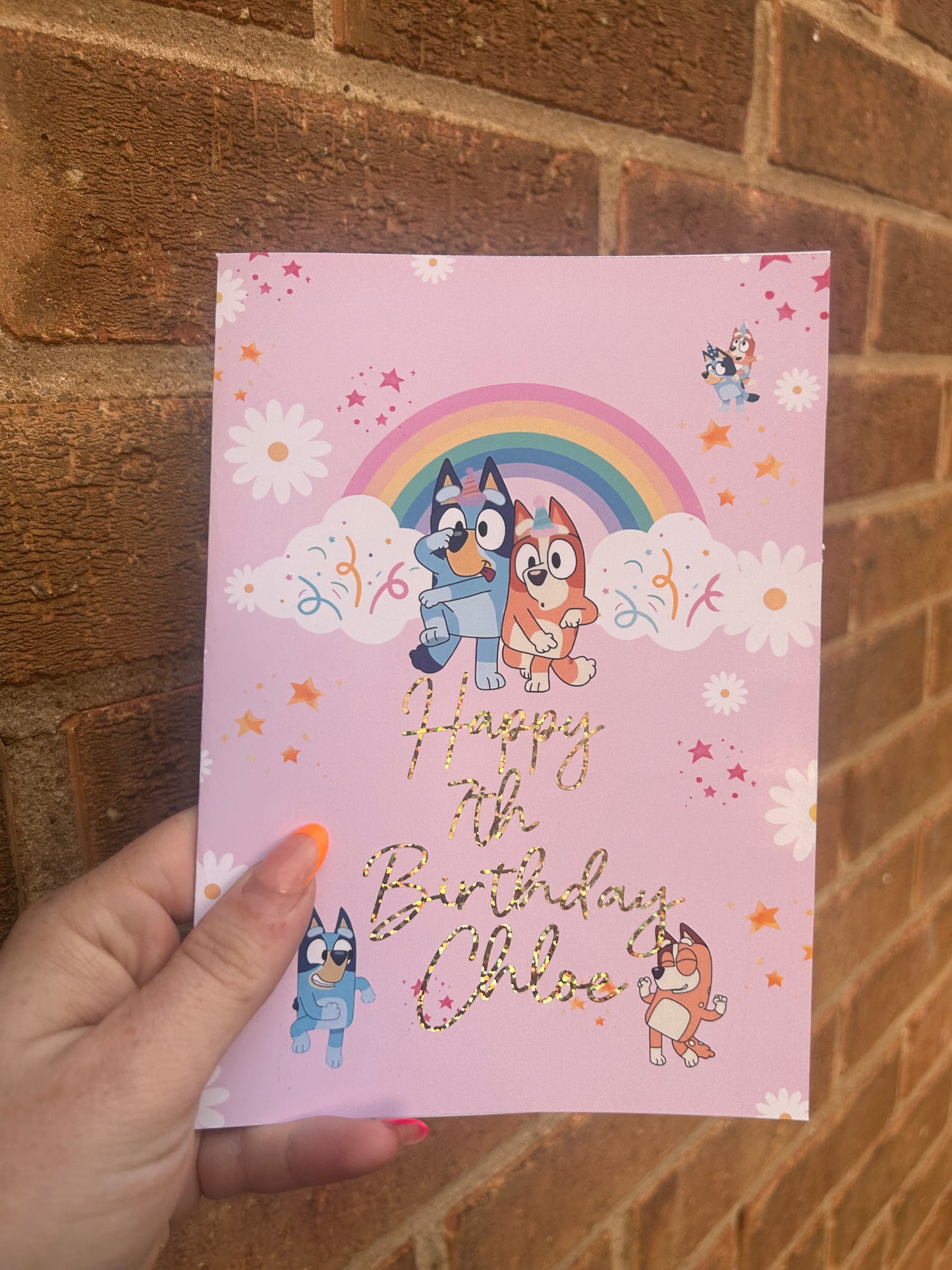 Bluey Birthday Card 5x7 – Glitter Gold Foil Finish | Cute Designer Greeting Card | Handmade Birthday Card