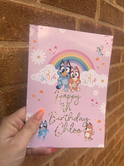 Bluey Birthday Card 5x7 – Glitter Gold Foil Finish | Cute Designer Greeting Card | Handmade Birthday Card