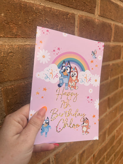 Bluey Birthday Card 5x7 – Glitter Gold Foil Finish | Cute Designer Greeting Card | Handmade Birthday Card