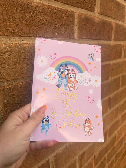 Bluey Birthday Card 5x7 – Glitter Gold Foil Finish | Cute Designer Greeting Card | Handmade Birthday Card