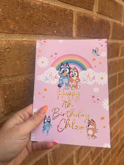 Bluey Birthday Card 5x7 – Glitter Gold Foil Finish | Cute Designer Greeting Card | Handmade Birthday Card