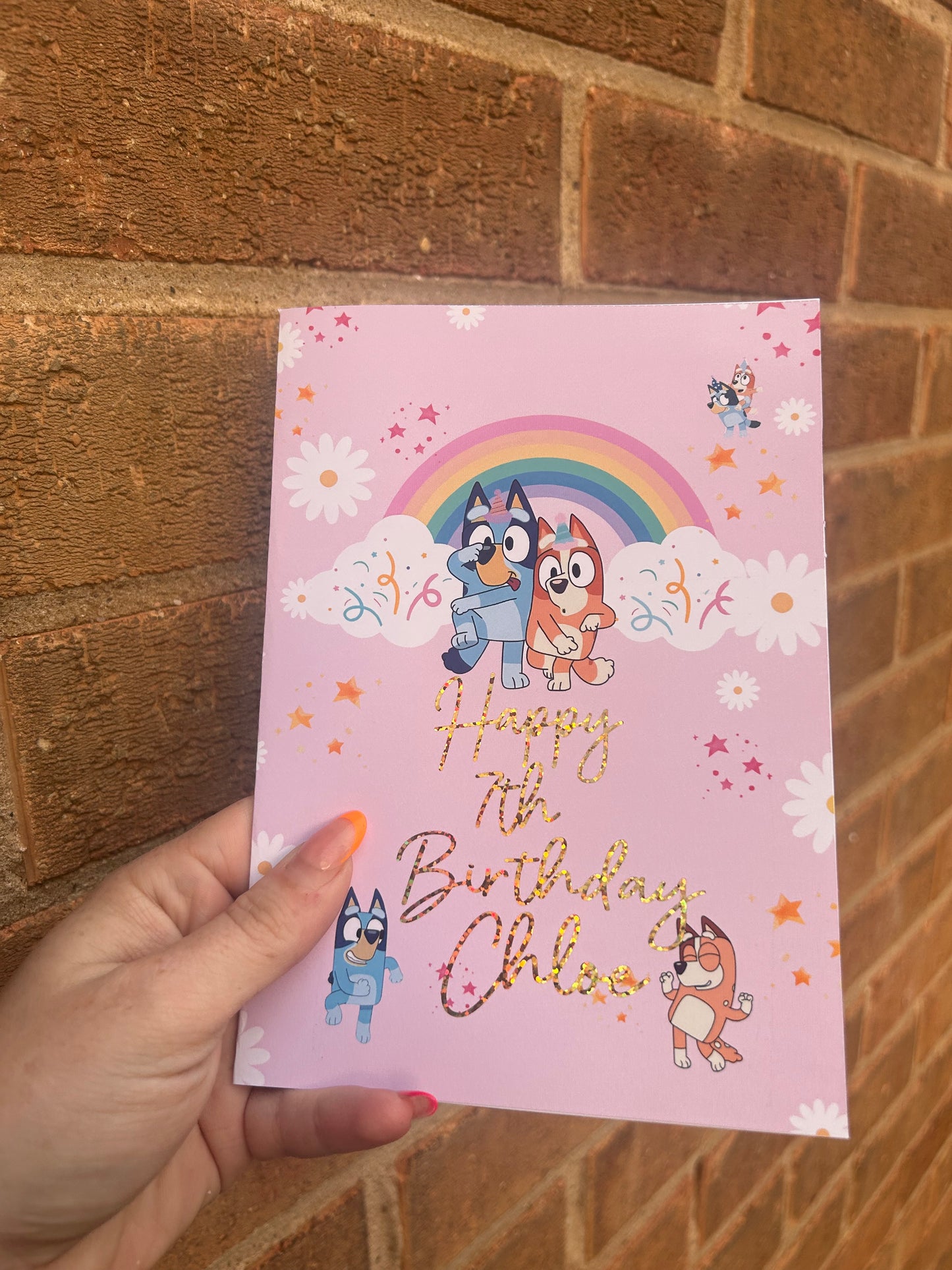 Bluey Birthday Card 5x7 – Glitter Gold Foil Finish | Cute Designer Greeting Card | Handmade Birthday Card