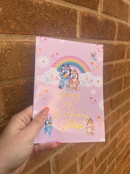 Bluey Birthday Card 5x7 – Glitter Gold Foil Finish | Cute Designer Greeting Card | Handmade Birthday Card