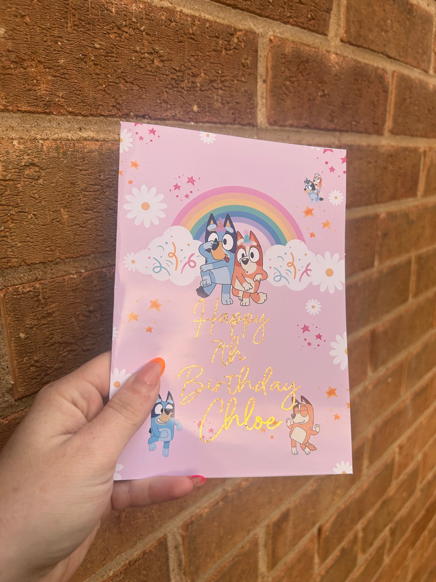 Bluey Birthday Card 5x7 – Glitter Gold Foil Finish | Cute Designer Greeting Card | Handmade Birthday Card
