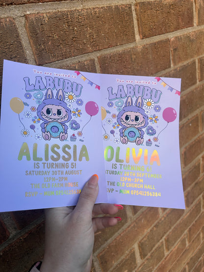 A5 Purple Labubu birthday invites