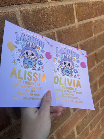 A5 Purple Labubu birthday invites